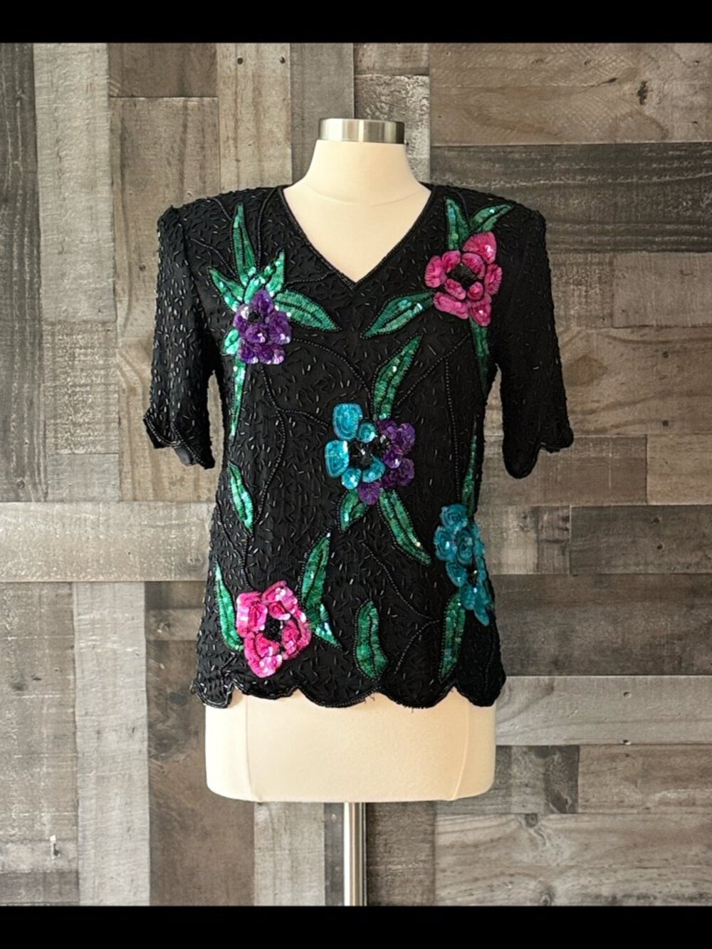 Stenay vintage 80s black beaded silk top medium glam sequin flowers cocktail